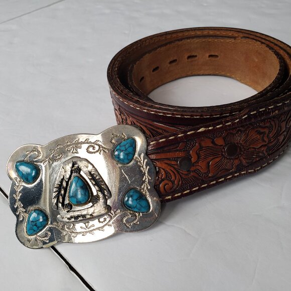 Tony Lama Western Rodeo Tooled Leather Belt Silver Turquoise Buckle main image 11